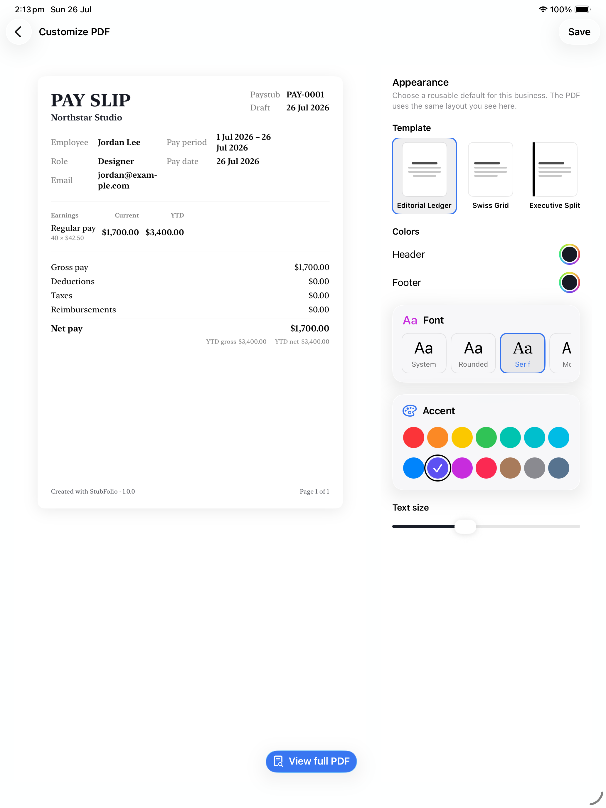 Template, colour, and type controls in StubFolio on iPad