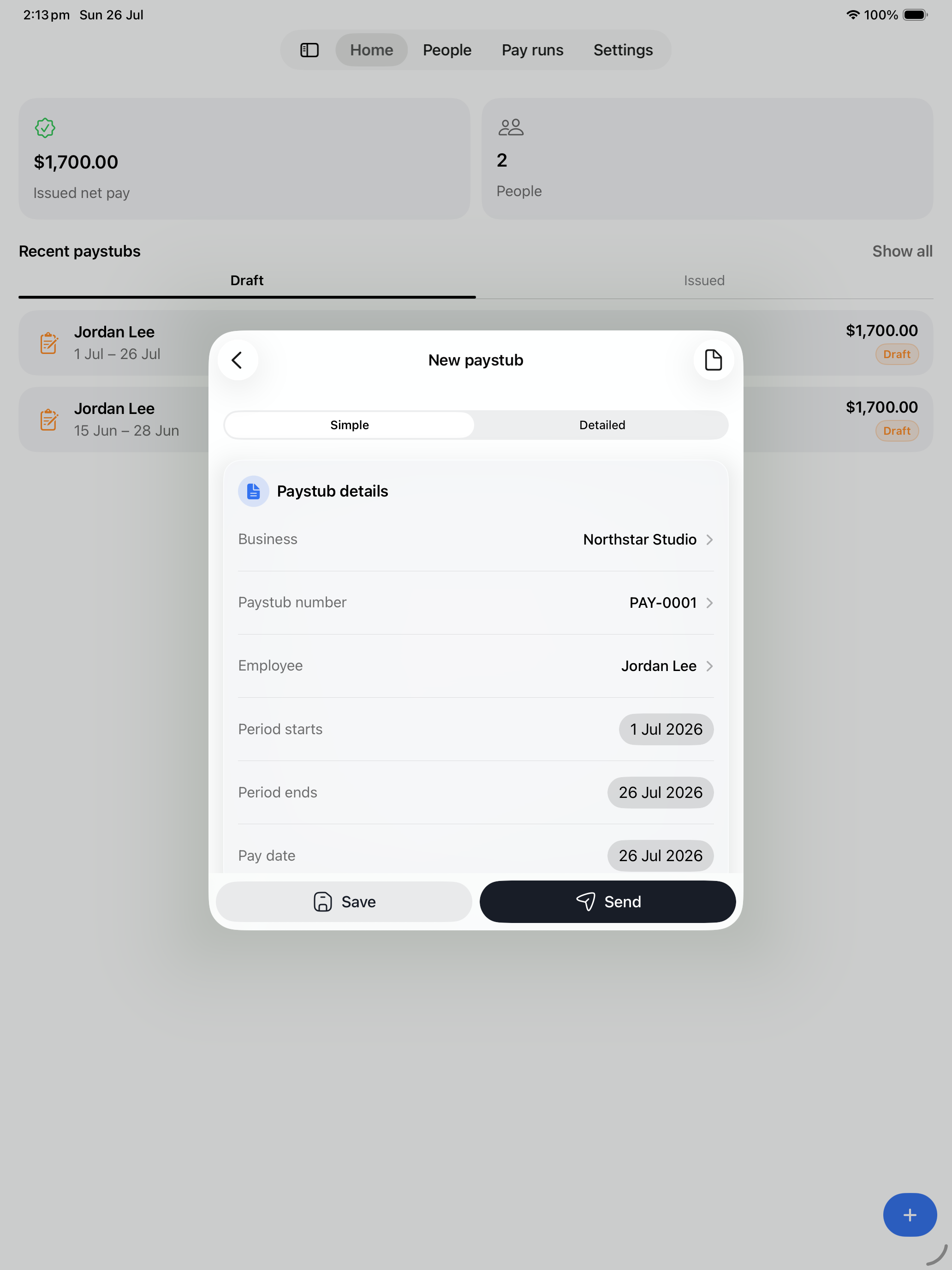 A paystub being edited in StubFolio on iPad