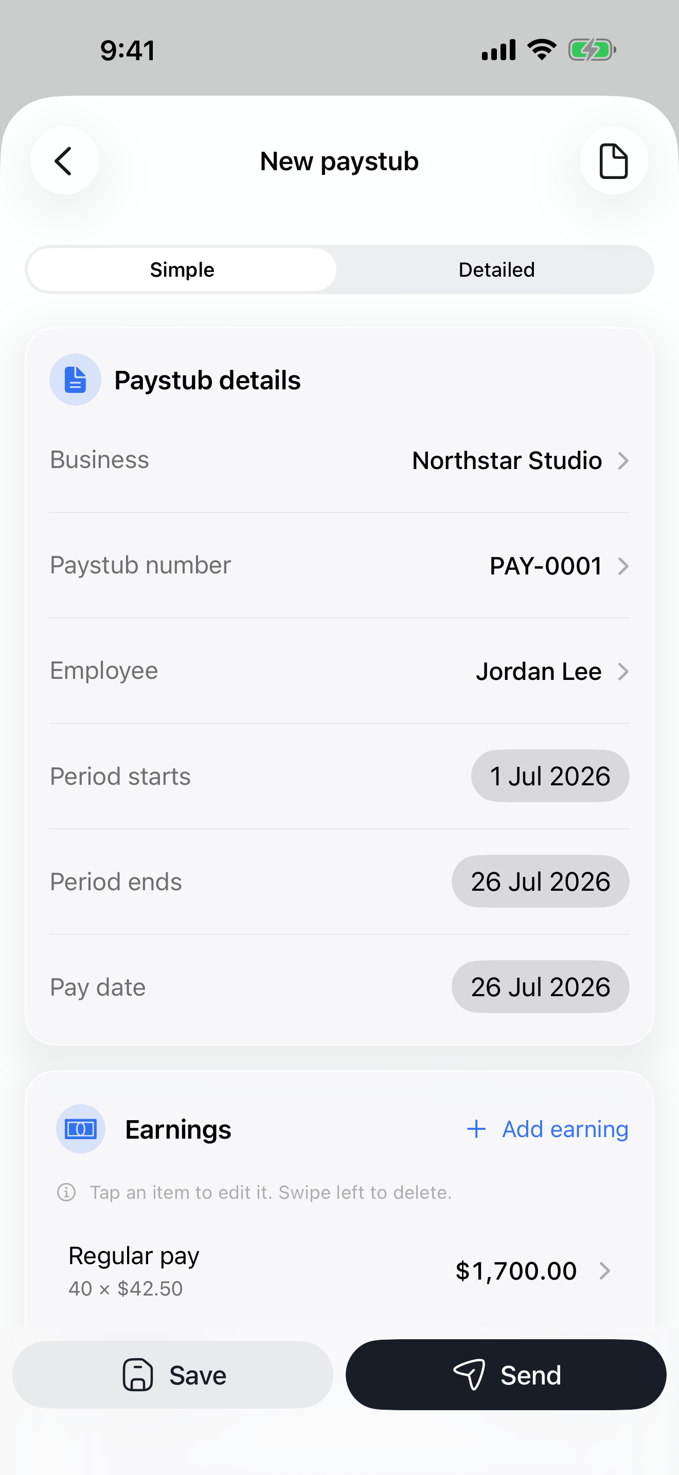 Paystub details editor on iPhone