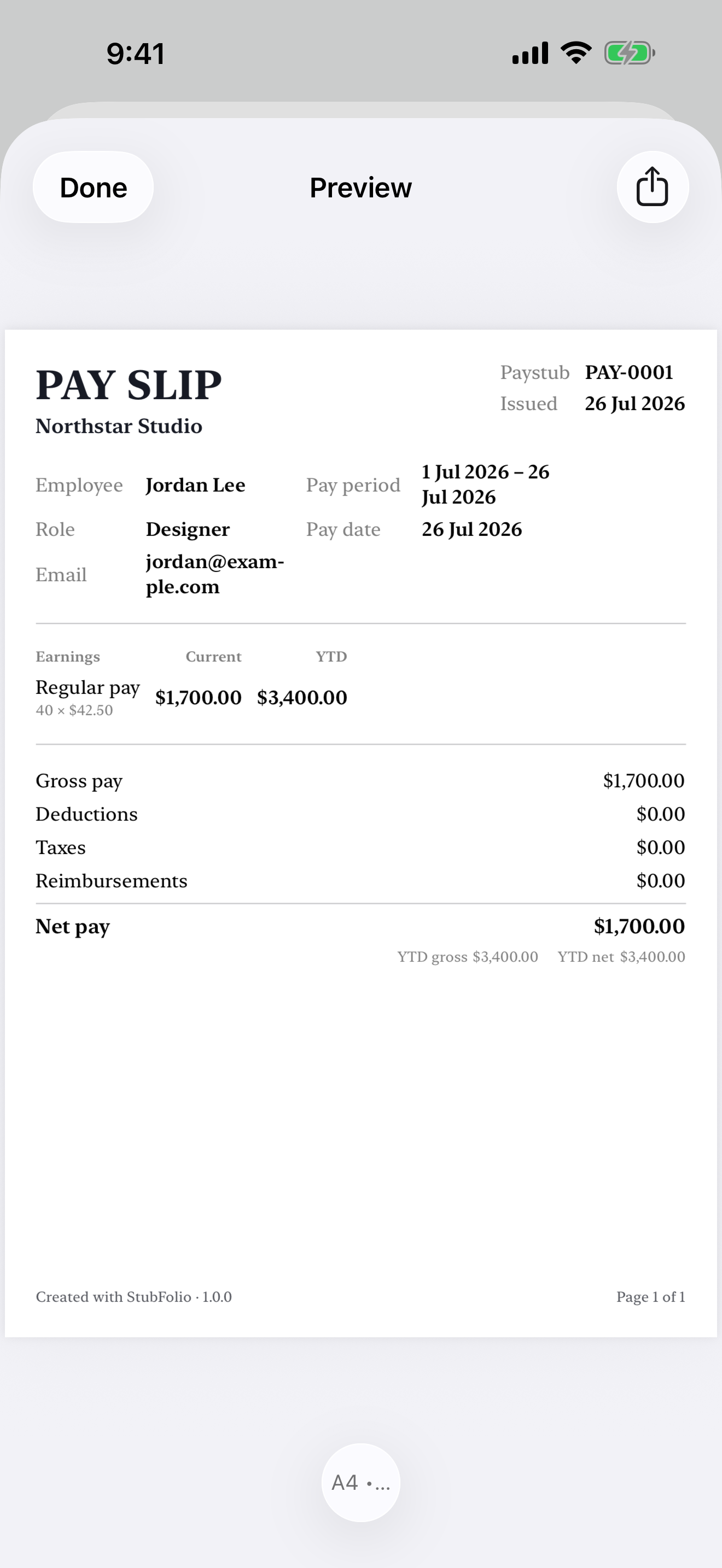 Finished paystub PDF preview on iPhone